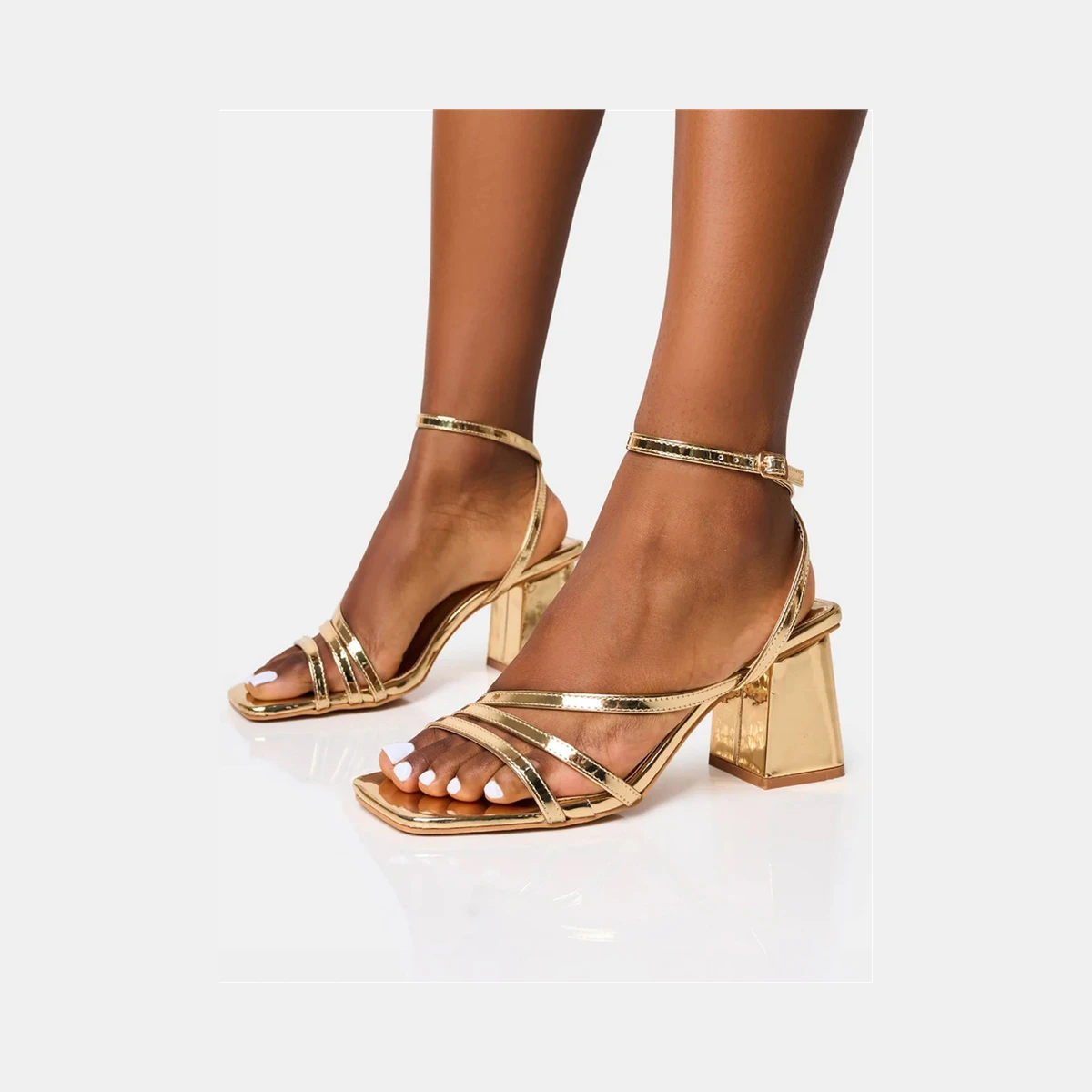 Public Desire Robin Strappy Square Toe Mid Block Heels in Gold
