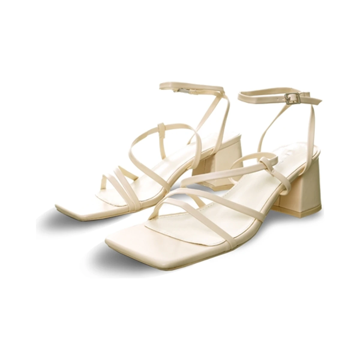 Public Desire Square Toe Lace Up Block Mid Heeled Sandals in Beige