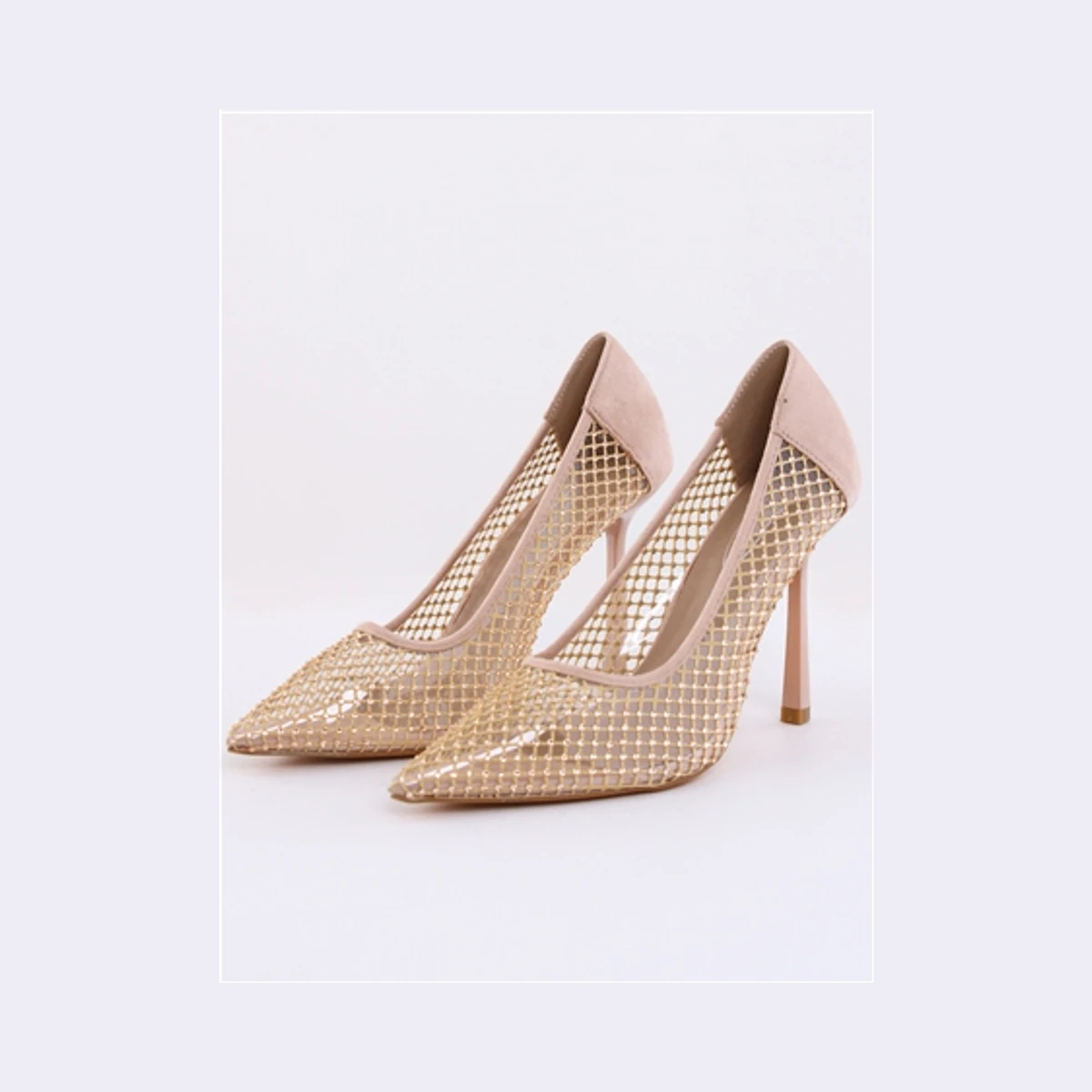 No Doubt Mesh Diamante Pointed Heel in Beige