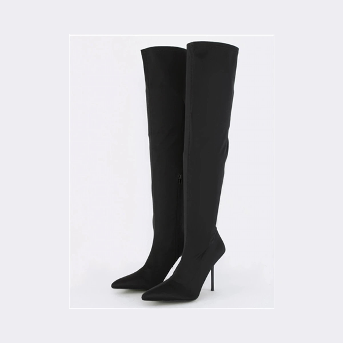 Public Desire Vivienne Lycra Stiletto Thigh High Boots in Black