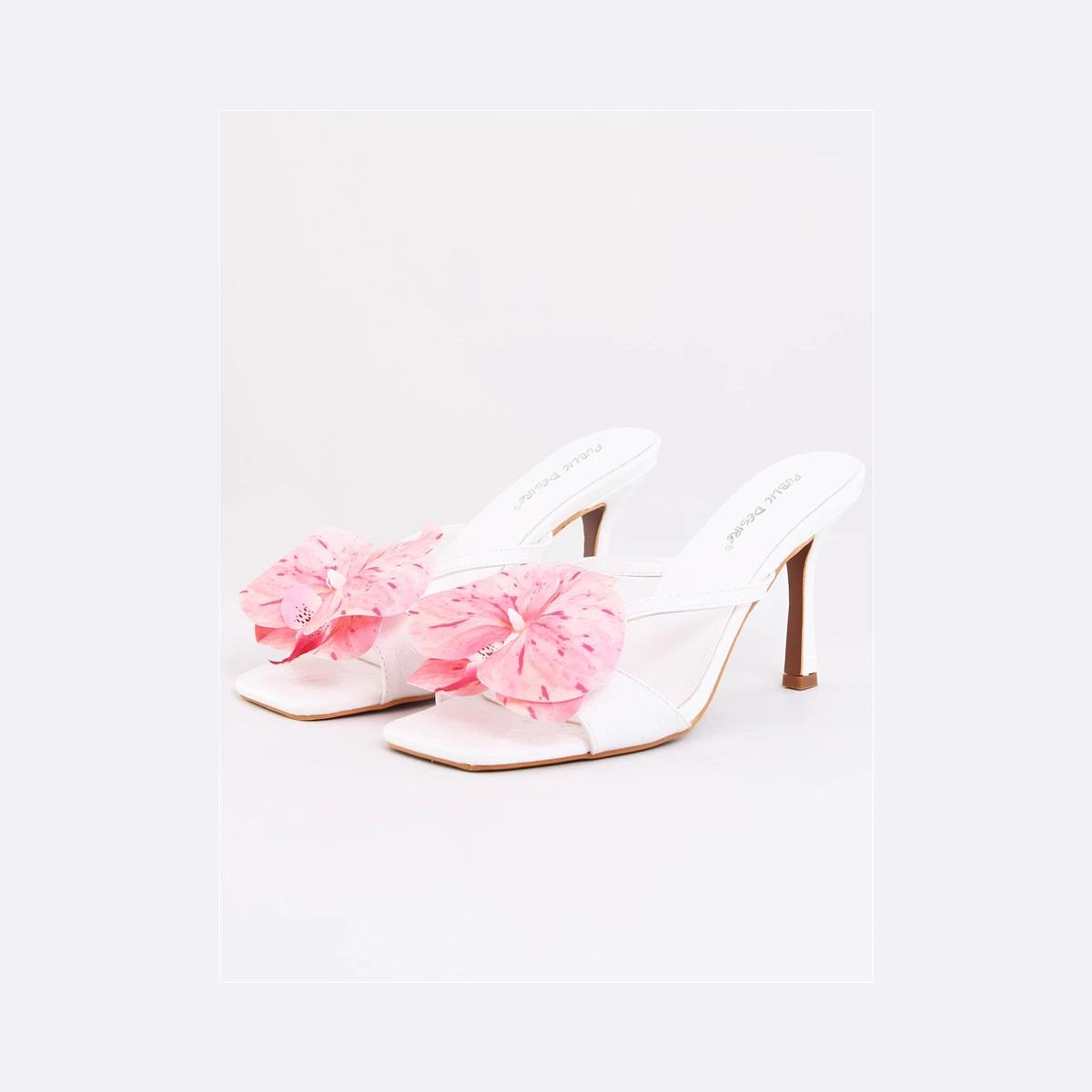 Public Desire Pink Flower Otillie Square Toe Heel in White