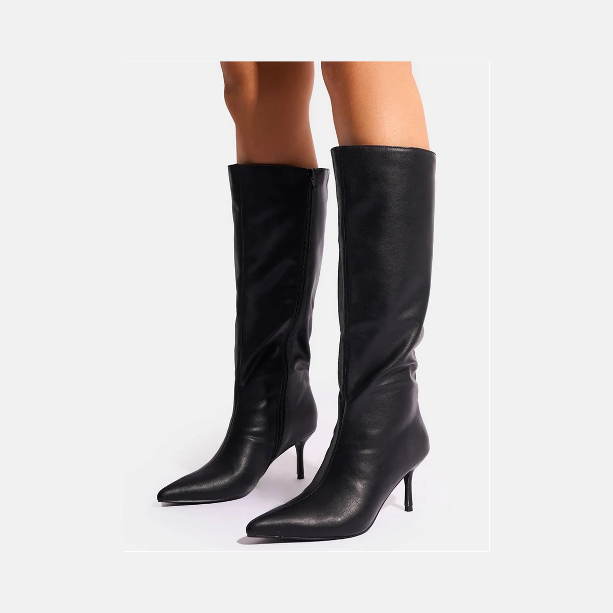 Public Desire Amped Pointed Toe Mid Heel Knee High Boots in Black