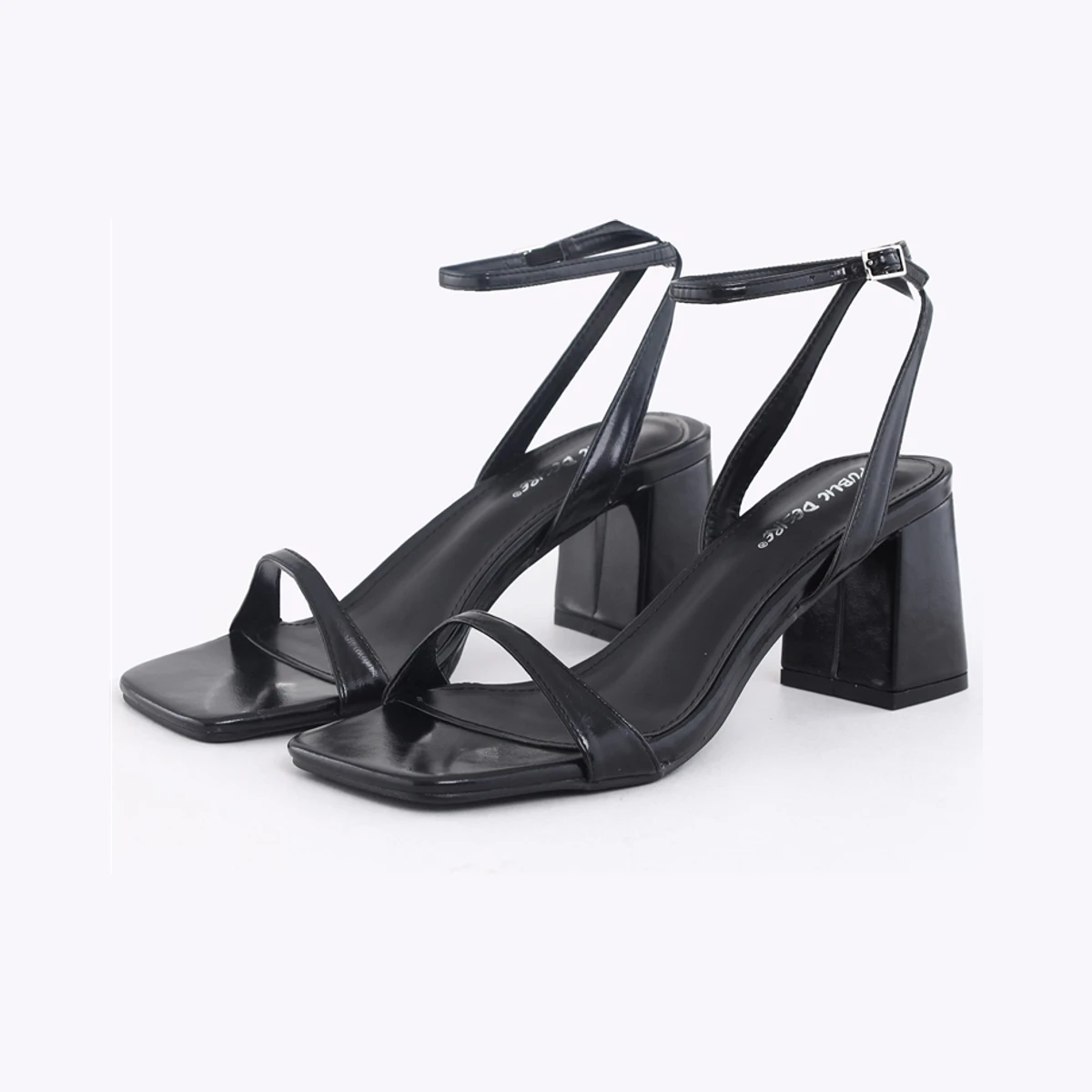 Public Desire Bunny Strappy Square Toe Mid Block Heels in Black