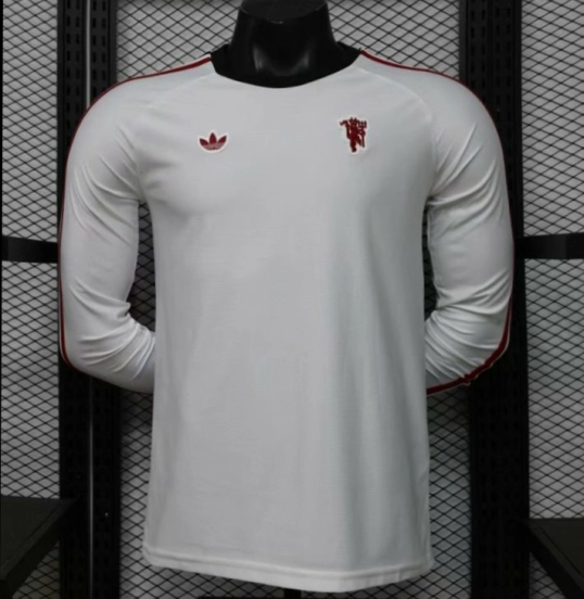 Player Version 2026 Manchester United Away White with Red Shoulder Stripe Long Sleeve Jersey